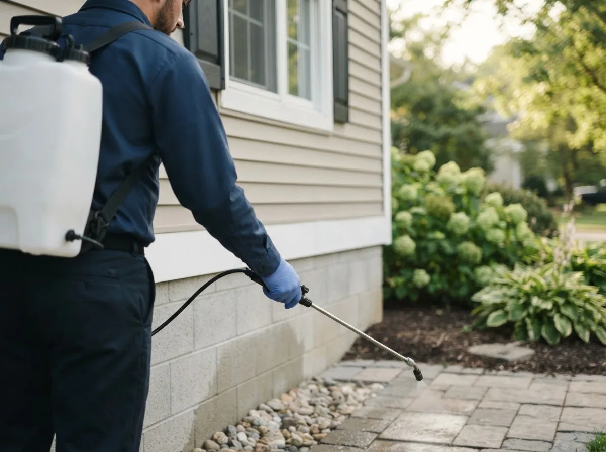 Pest control technician inspecting a home in Norwalk, IA